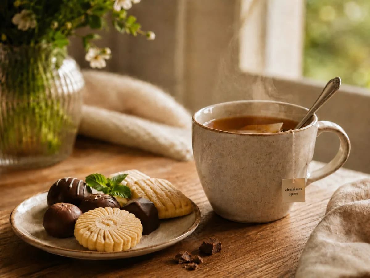 Une tasse de thé et des biscuits posés sur une table en bois