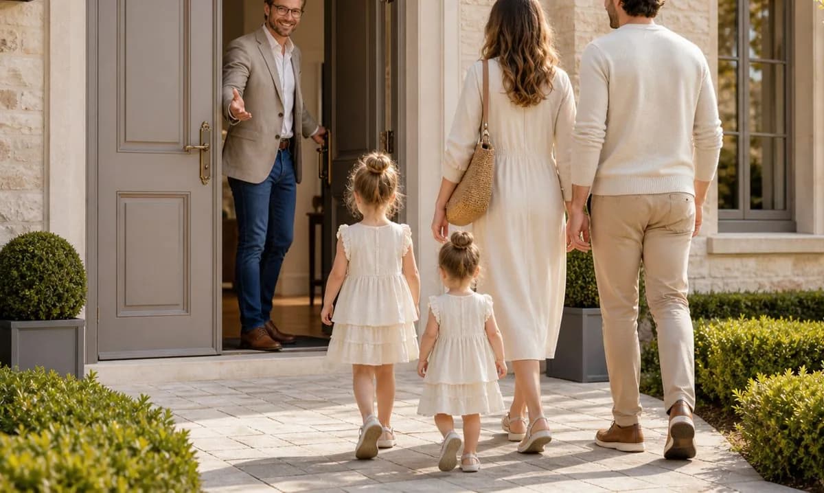 Une famille accueillie sur le pas de la porte d'une maison
